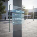 A clear glass screen attached to a pole displays community alerts including weather warnings, street festival news, and event updates in a modern outdoor setting.