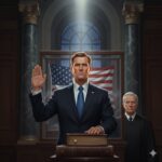A man in a dark suit raises his right hand while placing his left hand on a book, taking an oath in front of an American flag.