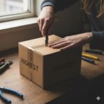 Person using a black marker to write on a brown cardboard box that says "HIGHEST" on a wooden table near a window