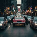A busy city street at night with cars stuck in traffic, bright store signs, and two people standing by a red classic car