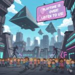 A futuristic city with robot guards holding glowing weapons stands over a group of diverse children gathered in the street below.