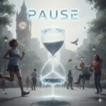 A giant glowing hourglass sits in a city square with Big Ben behind it, while people jog and play around the magical timepiece