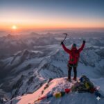 A mountain climber in red jacket celebrates with raised arms and ice axe on snowy peak at sunrise, with prayer flags nearby
