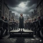 A woman in a dark dress stands on a wooden platform while a crowd of people point at her in an old town square.