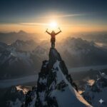 A mountain climber in red jacket stands on snowy peak with arms raised holding ice axes, celebrating at sunrise over mountain range