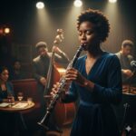 A woman in a blue dress plays a clarinet on stage at a jazz club with musicians and audience members in the background