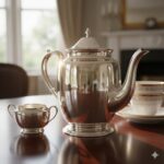 A shiny silver teapot with matching sugar bowl and teacup on a wooden table in a bright kitchen