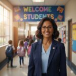 A smiling school principal in a blue suit and glasses stands in a bright school hallway with a "Welcome Students" banner behind her.