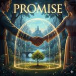 Two people shake hands under a glowing dome protecting a small tree, with the word PROMISE glowing above them in a magical forest scene.