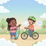 A girl with braids uses a bike pump to inflate her friend's bicycle tire while he sits on his green bike wearing a helmet