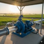 Blue water pump with motor and pipes on concrete pad under metal roof, surrounded by green farm fields with irrigation equipment