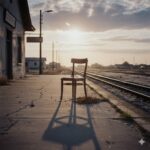 A wooden chair sits alone on a train station platform next to railroad tracks at sunset with a small building nearby