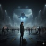 A person in a green jacket stands in a large futuristic hangar as a spaceship hovers overhead with bright blue lights while crowds of people walk around.