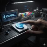A hand reaching toward a glowing blue "REVERSE" button on a control panel, with a screen showing "REVERSING..." and colorful balls in a tube behind it