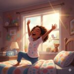 Happy child with curly hair stretching arms up while kneeling on colorful polka dot bed in sunny bedroom at 6:30 AM