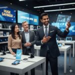 A smiling man in a suit shows a digital tablet with charts to two customers in a modern electronics store with blue screens.