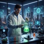A scientist in a white lab coat and safety goggles works with glowing green liquid in a flask in a modern laboratory
