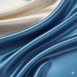 Smooth blue and cream colored fabric flowing in gentle waves with a silky, shiny surface