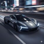 A sleek silver sports car with glowing headlights speeding down a city street at night with blurred lights in the background