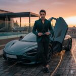 A man in a dark green suit stands next to a fancy sports car with its doors open upward like wings during sunset.