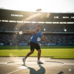 A male athlete in a blue tank top throws a discus in a large stadium filled with spectators during daytime.