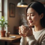 A woman with closed eyes peacefully holding a steaming hot cup of tea or coffee in a cozy room with warm lighting