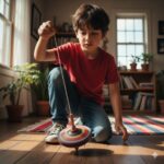 A young boy in a red shirt kneels on a striped rug, spinning a colorful wooden top toy in a bright living room with plants and books.