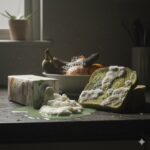 Moldy bread with white fuzzy spots next to spilled milk from a carton on a kitchen counter