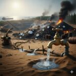 Industrial scene showing mining pit with burning coal piles, water faucet dripping into puddle, ships in background, and forest with smoke