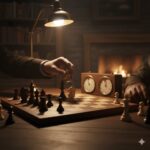 A person playing chess by lamplight with a chess clock nearby, warm fireplace glowing in the cozy background