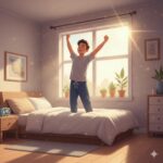A happy boy stretches his arms up high while standing on his bed in a sunny bedroom with plants on the windowsill