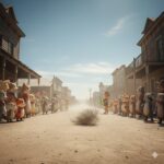 Cartoon animals gathered on both sides of a dusty Old West town street with wooden buildings and a tumbleweed rolling by