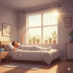 A person stretching happily in bed as bright morning sunlight streams through a window with plants on the sill