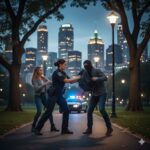 A police officer arrests a masked person in a city park at evening while a woman watches and police cars wait nearby.