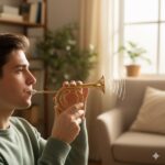 A young person in a green sweater plays a small golden trumpet indoors, with sound waves visible coming from the instrument.