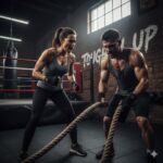 Two people doing battle rope exercises together in a gym with brick walls and a boxing ring in the background
