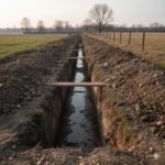 A long, deep ditch filled with muddy water cuts through farmland, with piles of dirt on both sides and bare trees in the distance.