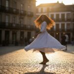 A happy girl with curly hair spins in a flowing striped dress on cobblestones in a sunny town square at sunset