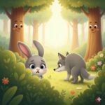 A friendly gray rabbit hiding behind green bushes while a curious fox approaches in a sunny forest with smiling trees