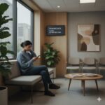 A woman sits in a modern doctor's office waiting room, looking at her phone while waiting for her appointment with Dr. Chen.