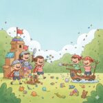Children playing imaginative games outdoors with cardboard fort, pirate ship, knight costumes, and toys scattered on grass