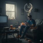 A man sits on a couch using his phone while snack bags and a drink are scattered around, with a glowing clock floating above his head
