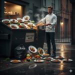 A chef in white uniform dumps pasta from a pot while standing next to a dumpster labeled "daily food waste" with many plates of wasted food scattered around