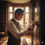 A man in old-fashioned clothes winds up a tall wooden grandfather clock in a cozy room with books and windows