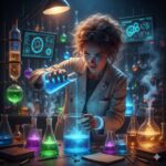 A female scientist with curly hair and safety goggles pours glowing blue liquid in a colorful chemistry lab filled with bubbling beakers