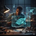 A young man works at night using glowing blue holograms to design a rocket engine, with tools and blueprints on his desk
