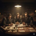 Three men in dark suits sit at a wooden table covered with papers, maps, and string connections in a dimly lit library room.