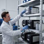 A scientist in a white lab coat and safety glasses organizes black equipment boxes on metal shelves in a laboratory.