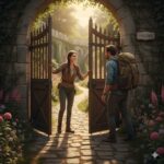A woman welcomes a man with a backpack through open wooden gates in a stone archway marked "PASSAGE" with flowers nearby