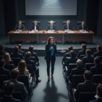A woman in a business suit speaks with a microphone to an audience while five men in suits sit at a table behind her.